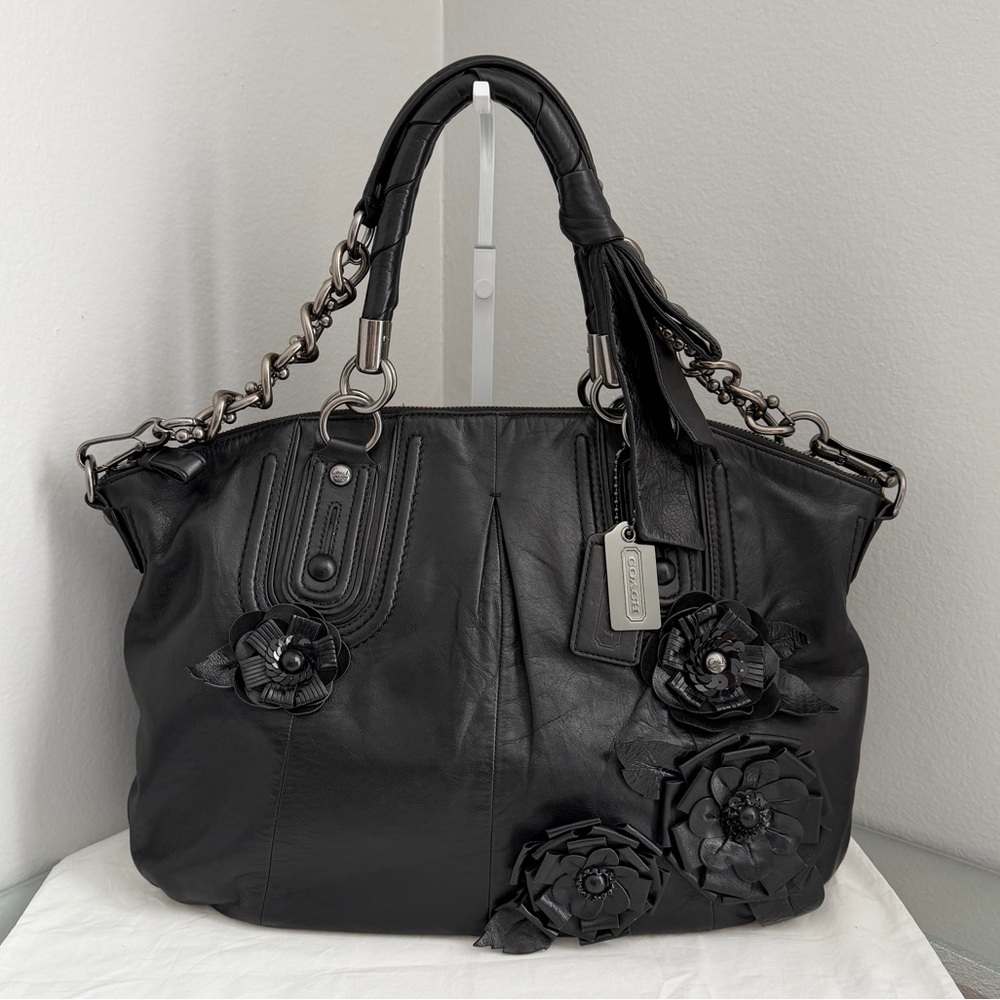 Coach Madison Sophia Black Leather Flower Embellished Shoulder Bag